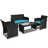 Costway 4 Pieces Rattan Patio Furniture Set with Weather Resistant Cushions and Tempered Glass Tabletop-Turquoise