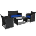 Costway 4 Pieces Rattan Patio Furniture Set with Weather Resistant Cushions and Tempered Glass Tabletop-Navy