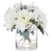 Enova Home Mixed Artificial Silk Dahlia Fake Flowers Arrangement in Clear Glass Vase with Faux Water for Home Office Decoration