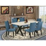 Red Barrel Studio® 6 - Person Acacia Solid Wood Dining Set Wood/Upholstered in White/Black | Wayfair 4CAFA13067BB449494CD195575F2C95A