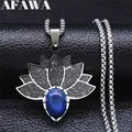 Collier en acier inoxydable Lapis Lazuli pierre naturelle bleue couleur argent fleur de Lotus de