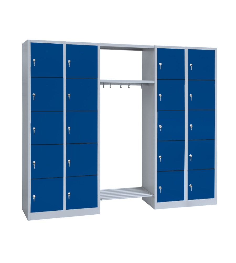 Lüllmann® Garderobe, 2 Abteile links, 2 Abteile rechts, je 5 Fächer, 1800 x 2400 x 500 mm, lichtgrau/enzianblau Image