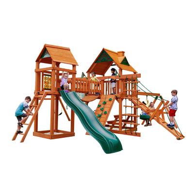 Gorilla Playsets Pioneer Peak Wood Swing Set with Clatter Bridge and Tire Swing