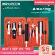 MR.GREEN – Kit de manucure professionnel 9 en 1 avec étui en cuir coupe-ongles en acier inoxydable