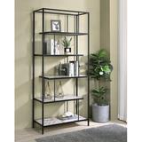 Orren Ellis Kyneshia 84" H x 36" W Steel Etagere Bookcase in Black/Brown/Yellow | 84 H x 36 W x 16 D in | Wayfair 469FFC27272A41418E9C3E0324CE1FD4