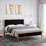 Everly Quinn Burglind Platform Bed w/ Tufted Headboard Wood & /Upholstered/Velvet/Metal & /Metal in Black | 55.7 W x 78.7 D in | Wayfair