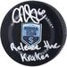 Chris Driedger Seattle Kraken Autographed 2021-22 Inaugural Season Official Game Puck with "Release The Kraken" Inscription