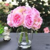 Enova Home Peony Artificial Silk Roses and Hydrangea Mixed Fake Flowers Arrangement in Clear Glass Vase with Faux Water