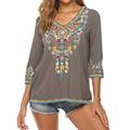 FAQIAN Women's T-Shirts V Neck 3/4 Sleeve Blouse Top Floral Printed Embroidered Folk Tops Casual Ladies Vintage Print Ethnic Style Bohemian Shirt Summer Comfy Plus Size African Print Tees Gray