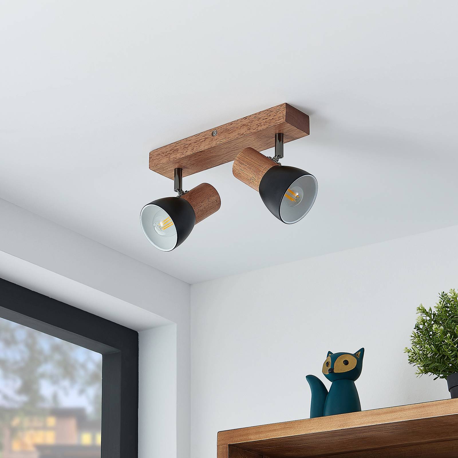 Lindby Tonja Decken-Strahler mit Holz, zweiflammig Lindby, dimmbar, Holz hell, für Wohn- / Esszimmer, Metall, Modern, Strahler