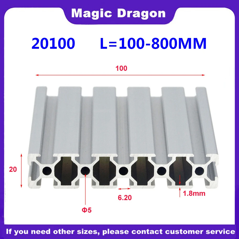 Rail linéaire anodisé Standard européen, Extrusion de profil en aluminium 20100, longueur 100-800mm, pour bricolage, établi d'imprimante 3D CNC, 1 pièce