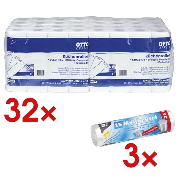 OTTO Office Küchenrollen 3-lagig, 32 Rollen (8 Pack à 4 Rollen) inkl. 45 Müllbeutel (3 Rolle weiß, 25.2 cm