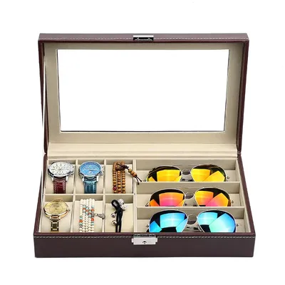 Boîte à bijoux en cuir avec rangement pour lunettes vitrine pour lunettes de soleil 6 montres 3