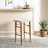 Dakota Fields Phaneuf Woven Leather Barstool Wood/Upholstered in Brown/White | 30 H x 19 W x 15 D in | Wayfair 23E913C3A19D4726A297148587126F3E