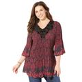 Plus Size Women's Velvet Trim Pleated Blouse by Catherines in Pink Black Paisley Print (Size 0XWP)