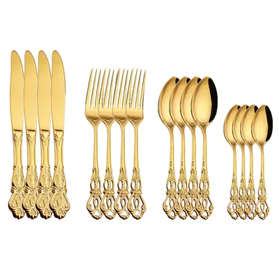 Couverts en acier inoxydable doré 16 pièces service de table coutellerie royale fourchette