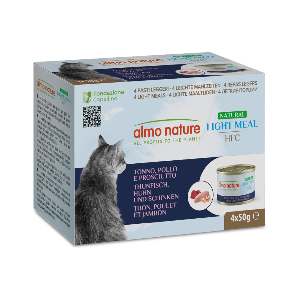 Almo Nature HFC Natural Light 24 x 50 g Alimento umido per gatti - Tonno, Pollo e Prosciutto