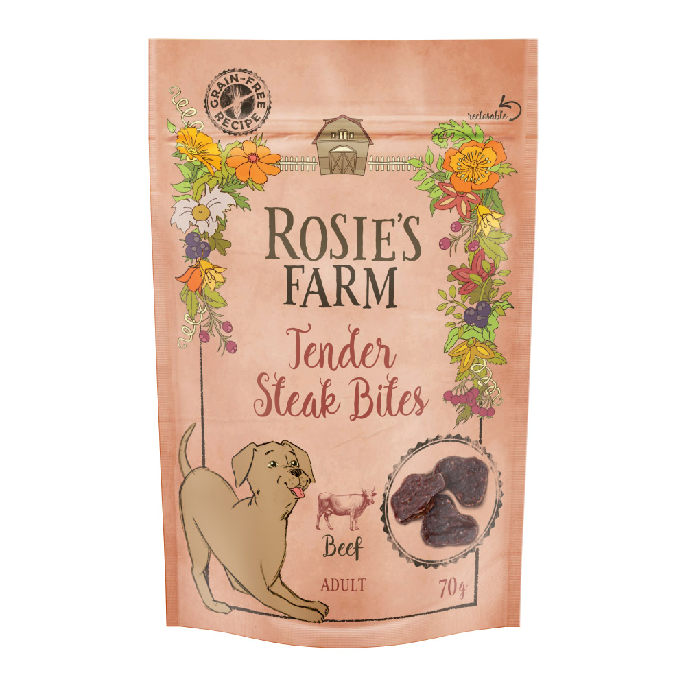 Rosie's Farm "Tender Steak Bites" - Manzo Snack per cani - Set %: 3 x 70 g