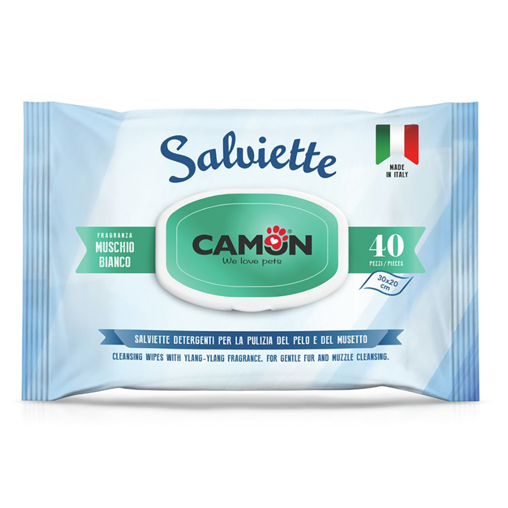 Salviette Camon Muschio Bianco per la cura del pelo di cani e gatti - Set %: 12 x 40 pz