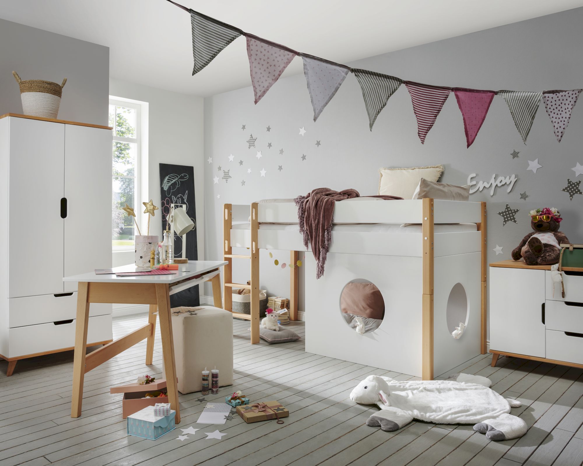 INFANSKIDS »Infanscolor« Kinderzimmer Halbhochbett weiß 208x120x103cm / weiß-Buche
