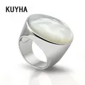 Vintage simple big round White Pearl Opal Stone Rings stainless steel silver jewelry Delicate