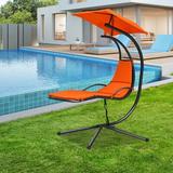 Arlmont & Co. Patiojoy Outdoor Hanging Chaise Lounge Chair Floating Chaise Swing Lounger W/canopy & Cushion Orange in Black | Wayfair