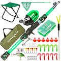 DaddyGoFish Kids Fishing Pole – Telescopic Rod & Reel Combo with Collapsible Chair, Rod Holder, Tackle Box, Bait Net and Carry Bag for Boys and Girls - Green, 4ft