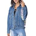 ZHIZIHUA Women?s Crop Denim Jean Button Down Long Sleeve Jacket with Fringe Patchwork Sequin Sparkly Short Jackets (XL,Blue,)