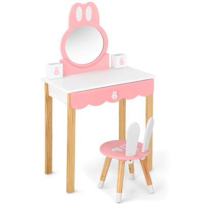 Costway Kids Vanity Set Rabbit Makeup Dressing Table Chair Set with Mirror and Drawer-White