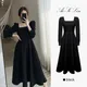 Petite robe noire Hepburn pour femme col carré français fin manches longues taille haute
