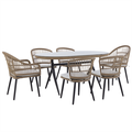 Gartenset Beige Rattan Polyester 6-Sitzer Tischplatte aus Sicherheitsglas 6 Stühle mit Armlehnen schwarze Metalbeine Garten Terrasse Outdoor