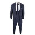 Mens Navy 3 Piece Wool Suit Check Classic 1920s Slim Fit Vintage Double Breasted Peaky - Navy 48