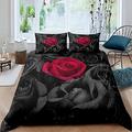 Rose Duvet Cover Rose Floral Bedding Set Romantic Flowers Comforter Cover for Boys Girls Children Teens 3D Black Red Rose Bedding & Linen Double Size