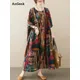 Robe longue en coton et lin à manches courtes pour femmes imprimé vintage décontracté vacances