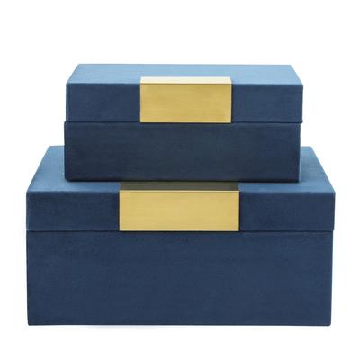 Set of 2 Navy Blue and Gold Rectangular Velveteen Jewelry Boxes 9"