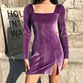 Mini robe fendue à manches longues en velours vintage pour femmes velours coréen féminin vêtements