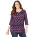 Plus Size Women's Suprema® 3/4 Sleeve V-Neck Tee by Catherines in Purple Tribal (Size 0X)