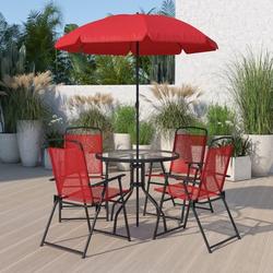Wade Logan® Amlie Nantucket 6 Piece Patio Garden Set w/ Table, Umbrella & 4 Folding Chairs Glass/Metal in Red | Wayfair