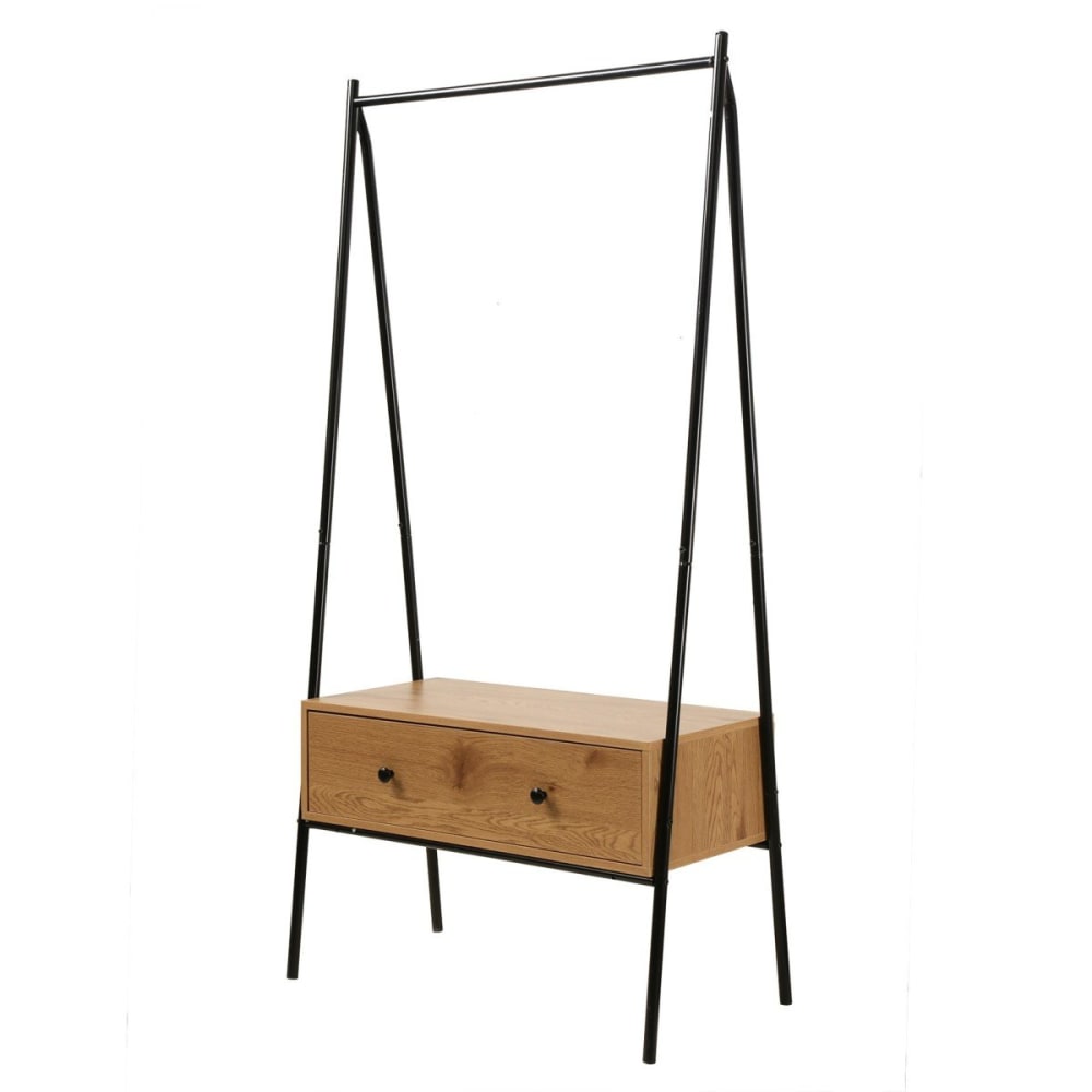 Penderie en métal Noir avec 1 Tiroir décor Chêne - H170 cm