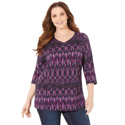 Plus Size Women's Suprema® 3/4 Sleeve V-Neck Tee by Catherines in Purple Tribal (Size 2X)