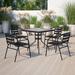 Wade Logan® Amlie 31.5" Square Glass Metal Outdoor Table w/ 4 Metal Aluminum Slat Stack Chairs Glass/Metal in Black | Wayfair