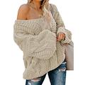 Arainlo Womens Baggy Jumper V Neck Sweater Cable Knit Jumper Knitted Jumper Winter Sweater Pullover Top Stripes Beige Medium, Size 10-12