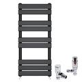 Warmehaus Minimalist Heated Towel Rail Radiator Ladder Flat Panel Black 1000 x 450mm Central Heating Radiators for Bathroom Kitchen - with Angled TRV Thermostatic Radiator Valve Set