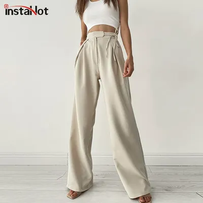 InstaHot-Pantalon à Jambes Larges pour Femme Vêtement Décontracté Sexy Élégant Classique