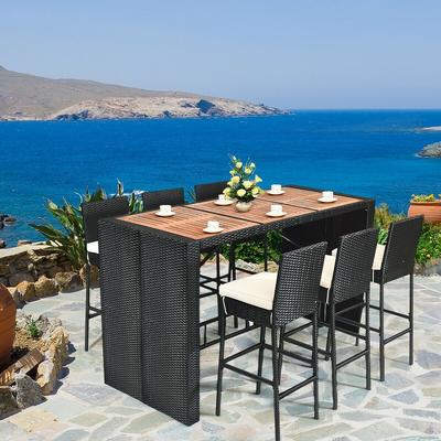 Gymax 7PCS Rattan Wicker Bar Set Patio Dining Furniture w/ Wood Table