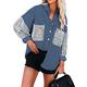 Reukree Womens V Neck Denim Jacket Patchwork Button Down Plus Size Shirts Leopard Print Loose Fit Stylish Jean Coat Blue XX-Large