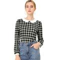 Allegra K Women's Peter Pan Collar Blouse Contrast Puff Long Sleeve Tartan Top Black 20