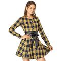Allegra K Women's Christmas Costume Plaids Long Sleeves Button Down Belted Party Mini A-Line Shirt Dress Yellow 8