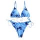 ZAFUL Women's Criss-Cross Tie Dye Cinched String Triangle Bikini Set Ribbed Floral Leaf Print Three Piece Swimsuit, Blue-2 Pieces, Small