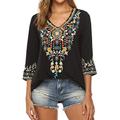 FAQIAN Women's T-Shirts V Neck 3/4 Sleeve Blouse Top Floral Printed Embroidered Folk Tops Casual Ladies Vintage Print Ethnic Style Bohemian Shirt Summer Comfy Plus Size African Print Tees Black